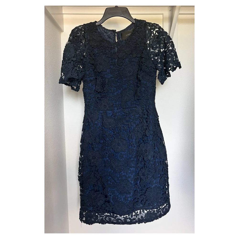 J.crew Shift Dress 6 Black & Blue Lace Overlay Short Sleeve